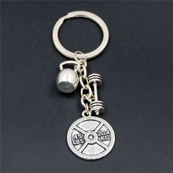 Picture of 1 Piece Sport Keychain & Keyring Antique Silver Color Dumbbell Round 8cm
