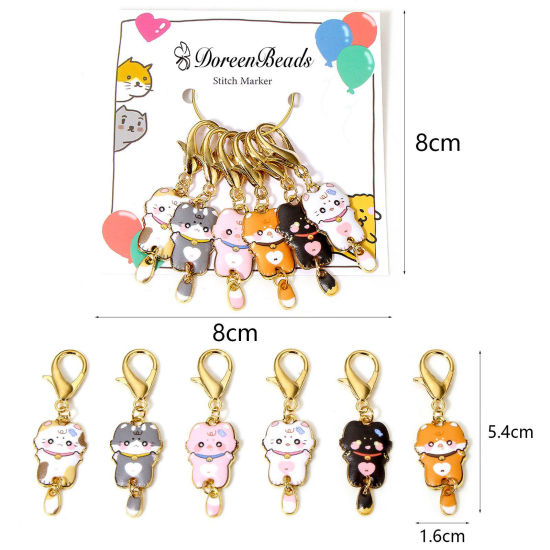 Bild von 1 Set ( 6 Stücke/Set) Zinklegierung + Legierung Stricken Stitch Markers Katze Vergoldet Bunt Mit Karabiner Verschluss 5.4cm x 1.6cm