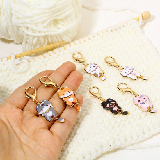 Bild von 1 Set ( 6 Stücke/Set) Zinklegierung + Legierung Stricken Stitch Markers Katze Vergoldet Bunt Mit Karabiner Verschluss 5.4cm x 1.6cm