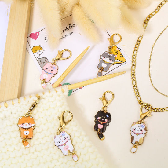 Bild von 1 Set ( 6 Stücke/Set) Zinklegierung + Legierung Stricken Stitch Markers Katze Vergoldet Bunt Mit Karabiner Verschluss 5.4cm x 1.6cm
