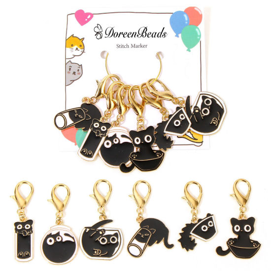 Picture of 1 Set ( 6 PCs/Set) Zinc Based Alloy & Iron Based Alloy Knitting Stitch Markers Cat Animal Gold Plated Black With Lobster Claw Clasp 4.8x2.6cm - 3.8x2.6cm