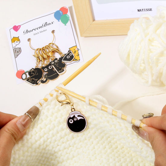 Picture of 1 Set ( 6 PCs/Set) Zinc Based Alloy & Iron Based Alloy Knitting Stitch Markers Cat Animal Gold Plated Black With Lobster Claw Clasp 4.8x2.6cm - 3.8x2.6cm