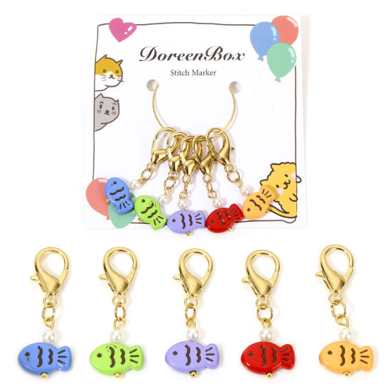 Picture of 1 Set ( 5 PCs/Set) Zinc Based Alloy & Iron Based Alloy Knitting Stitch Markers Fish Animal Gold Plated Multicolor With Lobster Claw Clasp 3.7cm x 1.4cm