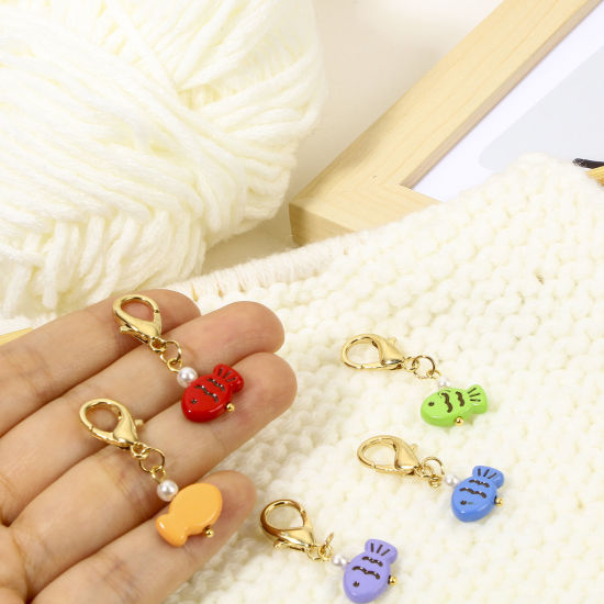 Picture of 1 Set ( 5 PCs/Set) Zinc Based Alloy & Iron Based Alloy Knitting Stitch Markers Fish Animal Gold Plated Multicolor With Lobster Claw Clasp 3.7cm x 1.4cm