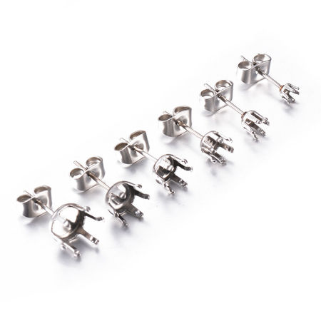 Picture of 20 PCs 304 Stainless Steel Ear Post Stud Earring For DIY Jewelry Making Accessories Silver Tone Cabochon Settings (Fits 3mm Dia.) 4mm Dia., Post/ Wire Size: (21 gauge)