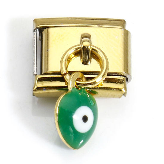 Picture of 1 Piece 304 Stainless Steel Italian Charm Links For DIY Bracelet Jewelry Making Gold Plated Green Rectangle Evil Eye Double-sided Enamel 10mm x 9mm