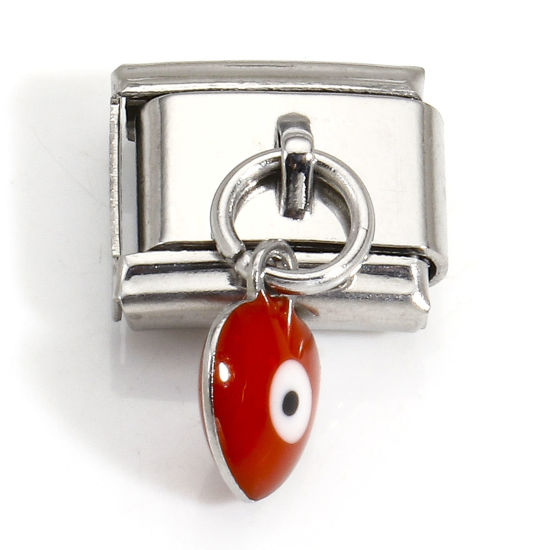 Immagine di 1 Pz 304 Acciaio Inossidabile Bracciale con Charm Italiano a Maglie, Creazione di Gioielli Fai-da-te Tono Argento Rosso Rettangolo Malocchio Smalto a Doppia Faccia 10mm x 9mm
