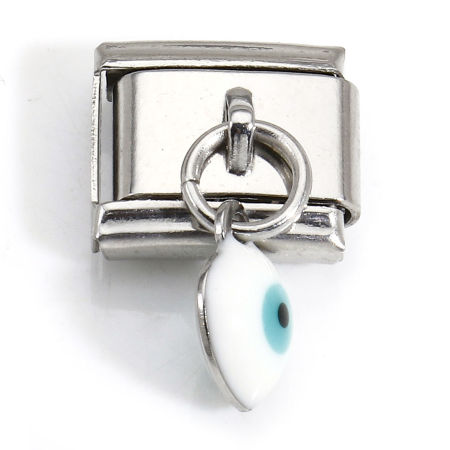 Picture of 304 Stainless Steel Italian Charm Links For DIY Bracelet Jewelry Making Silver Tone Rectangle Evil Eye Double-sided Enamel 10mm x 9mm