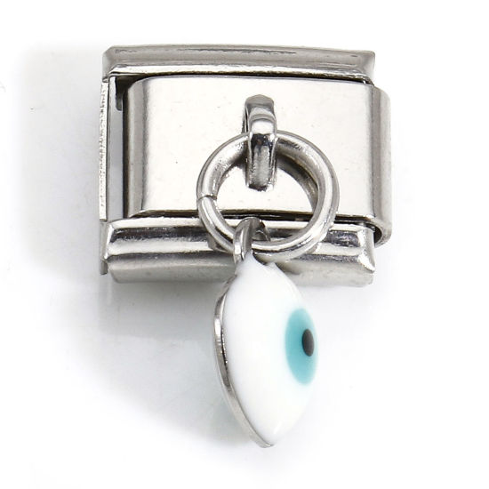 Immagine di 1 Pz 304 Acciaio Inossidabile Bracciale con Charm Italiano a Maglie, Creazione di Gioielli Fai-da-te Tono Argento Bianco Rettangolo Malocchio Smalto a Doppia Faccia 10mm x 9mm