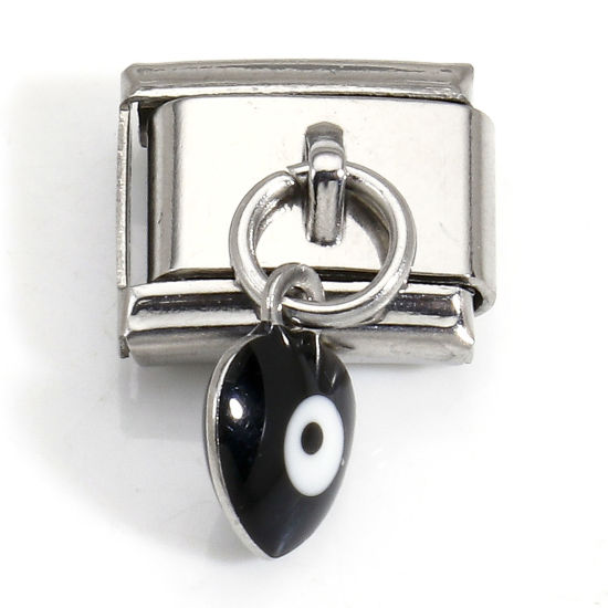 Immagine di 1 Pz 304 Acciaio Inossidabile Bracciale con Charm Italiano a Maglie, Creazione di Gioielli Fai-da-te Tono Argento Nero Rettangolo Malocchio Smalto a Doppia Faccia 10mm x 9mm