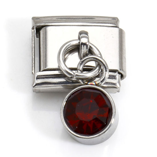 Picture of 1 Piece 304 Stainless Steel Birthstone Italian Charm Links For DIY Bracelet Jewelry Making Silver Tone Rectangle January Wine Red Rhinestone 10mm x 9mm