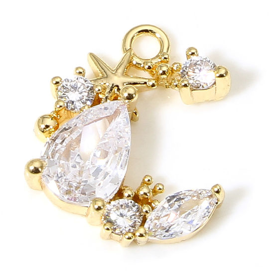 Изображение 1 ШТ Латунь галактика Подвески Луна половина 18K настоящее золото с покрытием Прозрачный Искусственный Циркон 14мм x 12мм