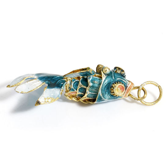 Picture of 1 Piece Brass 3D Pendants Gold Plated Light Blue Enamel Fish Animal Movable 4.5cm x 2cm