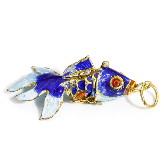 Picture of 1 Piece Brass 3D Pendants Gold Plated Blue Enamel Fish Animal Movable 4.5cm x 2cm