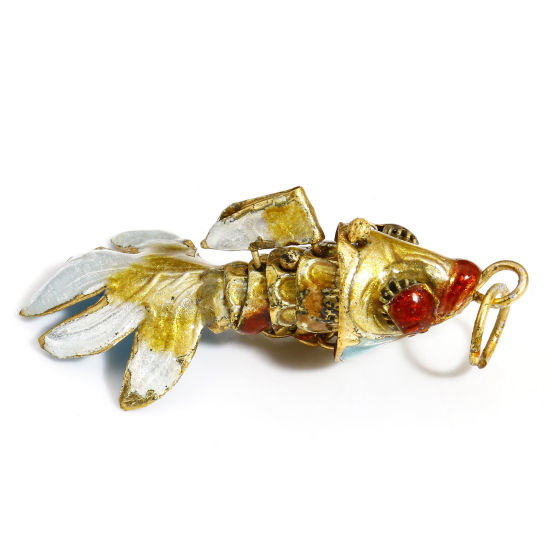 Picture of 1 Piece Brass 3D Pendants Gold Plated Golden Yellow Enamel Fish Animal Movable 4.5cm x 2cm