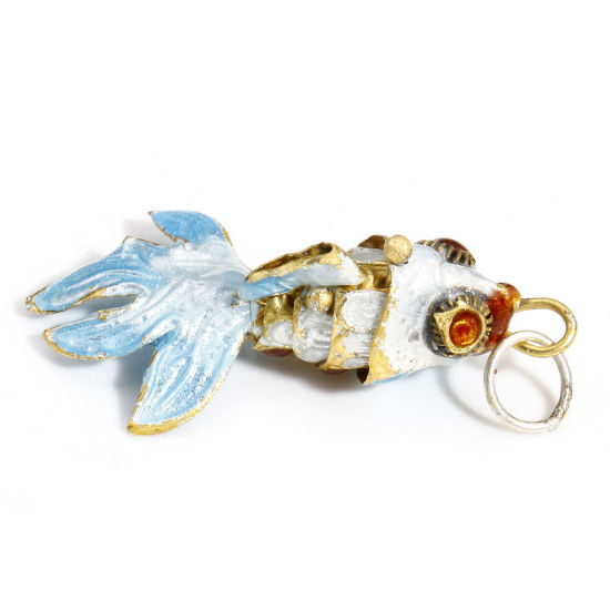 Picture of 1 Piece Brass 3D Pendants Gold Plated White Enamel Fish Animal Movable 4.5cm x 2cm