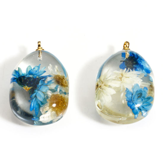 Picture of 2 PCs Handmade Resin Jewelry Real Flower Charms Drop Daisy Flower Gold Plated Blue 25mm x 16mm