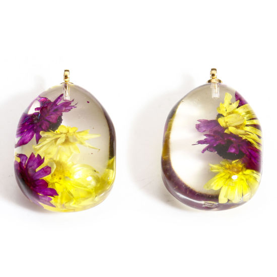 Picture of 2 PCs Handmade Resin Jewelry Real Flower Charms Drop Daisy Flower Gold Plated Purple 25mm x 16mm