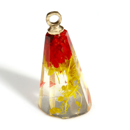 Picture of 2 PCs Handmade Resin Jewelry Real Flower Charms Cone Gold Plated Yellow 17mm x 9mm
