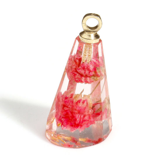 Picture of 2 PCs Handmade Resin Jewelry Real Flower Charms Cone Gold Plated Pink 17mm x 9mm