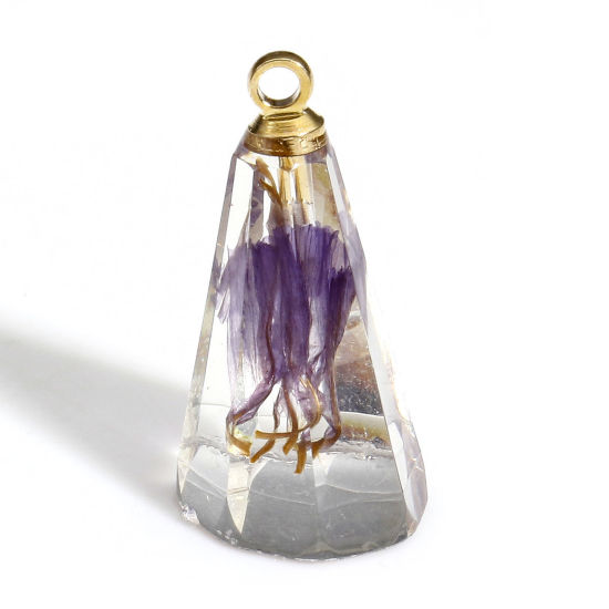 Picture of 2 PCs Handmade Resin Jewelry Real Flower Charms Cone Gold Plated Purple 17mm x 9mm