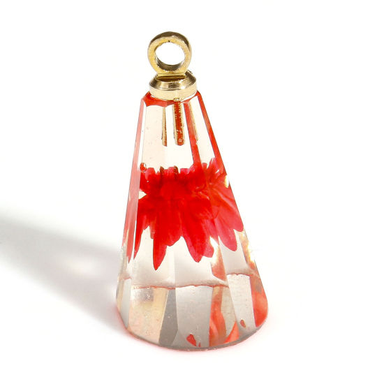Picture of 2 PCs Handmade Resin Jewelry Real Flower Charms Cone Gold Plated Red 17mm x 9mm