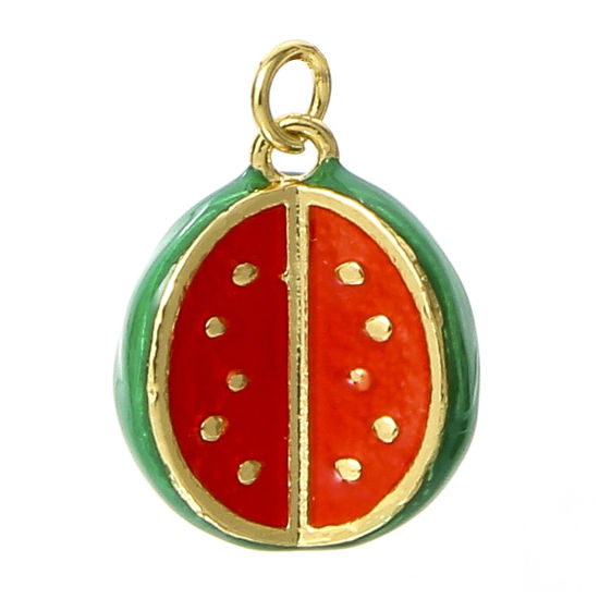 Picture of 1 Piece Brass Charms 18K Real Gold Plated Red & Green Watermelon Fruit 3D Enamel 16mm x 13mm