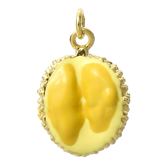 Picture of 1 Piece Brass Charms 18K Real Gold Plated Yellow Durian Fruit 3D Enamel 17mm x 12.5mm