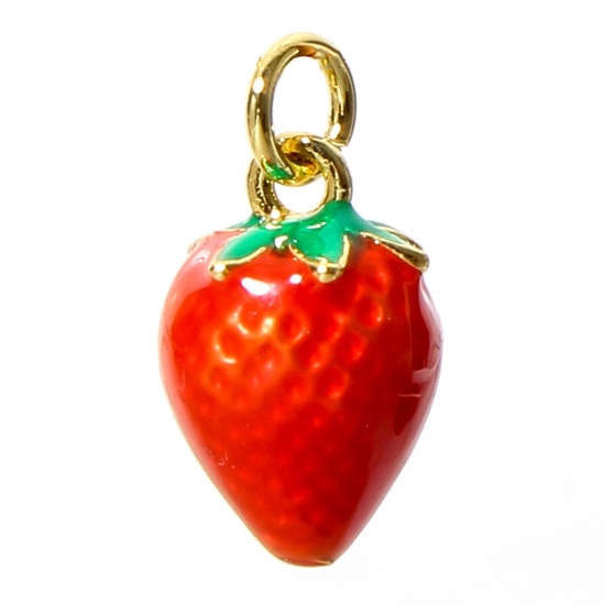 Picture of 1 Piece Brass Charms 18K Real Gold Plated Red Strawberry Fruit 3D Enamel 11.5mm x 7.5mm