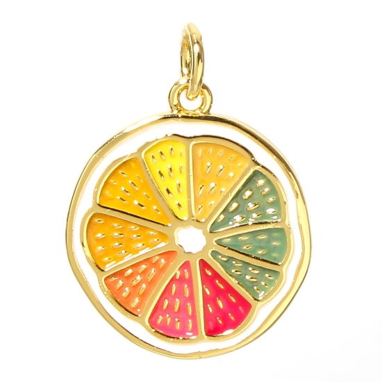 Picture of 1 Piece Brass Charms 18K Real Gold Plated Multicolor Lemon 3D Enamel 18.5mm x 16mm