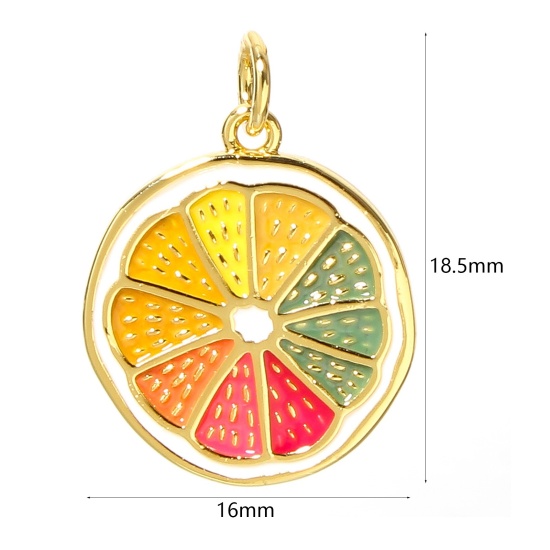 Picture of 1 Piece Brass Charms 18K Real Gold Plated Multicolor Lemon 3D Enamel 18.5mm x 16mm