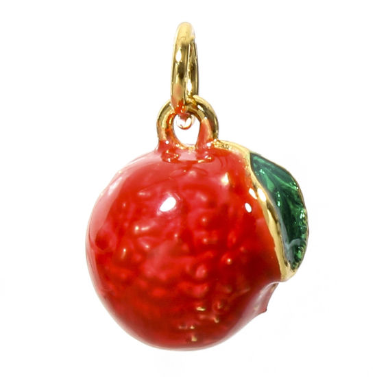 Picture of 1 Piece Brass Charms 18K Real Gold Plated Red Apple Fruit 3D Enamel 11mm x 9mm