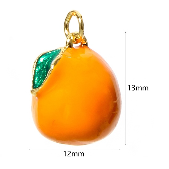 Picture of 1 Piece Brass Charms 18K Real Gold Plated Orange Orange Fruit 3D Enamel 13mm x 12mm