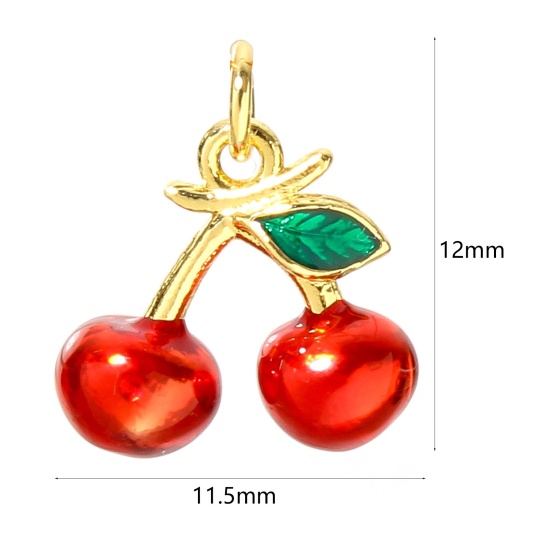 Picture of 1 Piece Brass Charms 18K Real Gold Plated Red Cherry Fruit 3D Enamel 12mm x 11.5mm