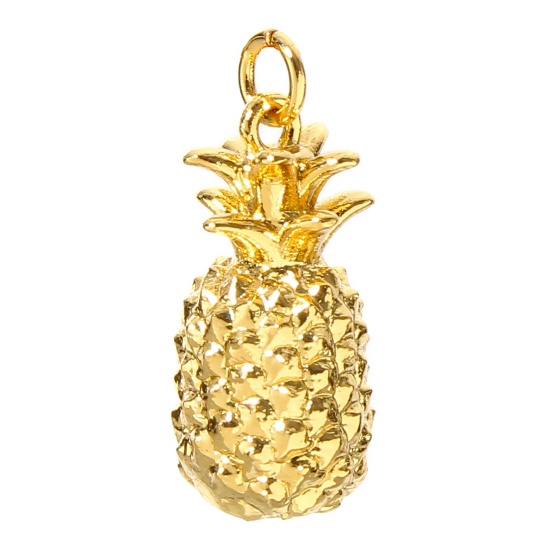 Picture of 1 Piece Brass Charms 18K Real Gold Plated Pineapple/ Ananas Fruit 3D 18mm x 9mm