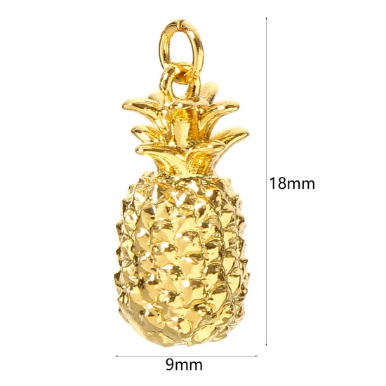 Picture of 1 Piece Brass Charms 18K Real Gold Plated Pineapple/ Ananas Fruit 3D 18mm x 9mm