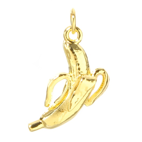 Picture of 1 Piece Brass Charms 18K Real Gold Plated Banana Fruit 3D 18mm x 10mm