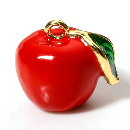 Picture of 1 Piece Brass Charms 18K Real Gold Plated Red Apple Fruit 3D Enamel 12mm x 11mm