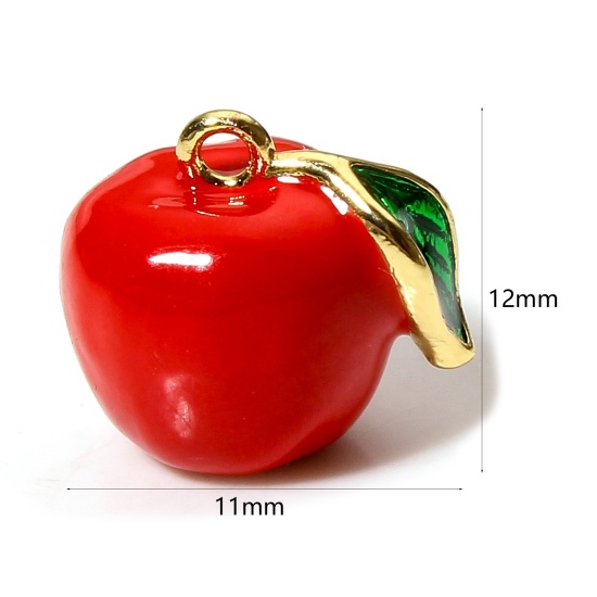 Picture of 1 Piece Brass Charms 18K Real Gold Plated Red Apple Fruit 3D Enamel 12mm x 11mm