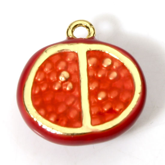 Picture of 1 Piece Brass Charms 18K Real Gold Plated Red Pomegranate 3D Enamel 13.5mm x 13.5mm