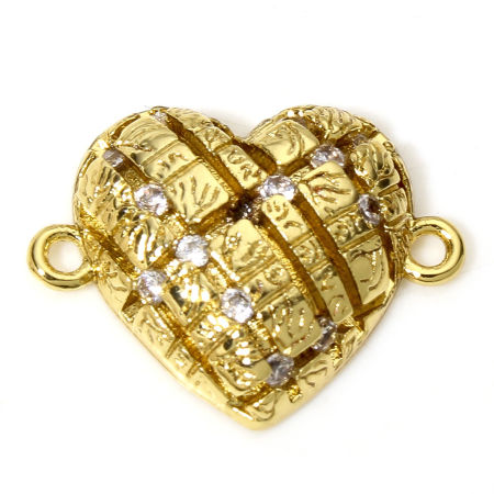 Bild von 1 Stück Messing Steckverbinder Charms Anhänger Herz Gitter 18K Echtgold plattiert Klar Zirkonia 19mm x 15mm