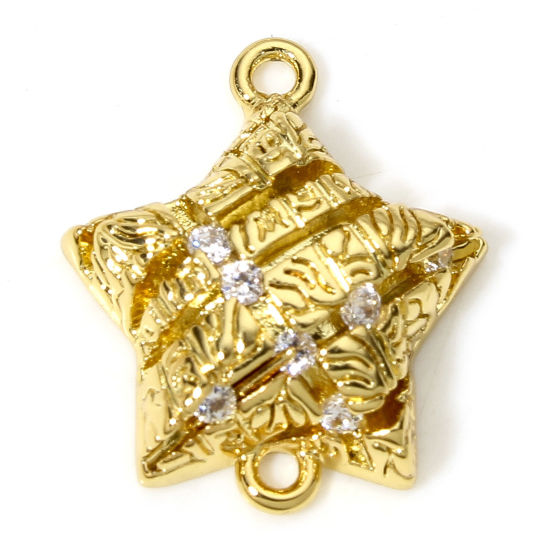 Bild von 1 Stück Messing Steckverbinder Charms Anhänger Pentagramm Stern Gitter 18K Vergoldet Klar Zirkonia 17.5mm x 15mm