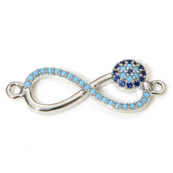 Immagine di 1 Pz Ottone Pendenti Charms Connettori Accessori Simbolo di Infinito Malocchio Disegno Vero Platino Placcato Micro Spianare Blu Cubic Zirconiae 28mm x 10mm