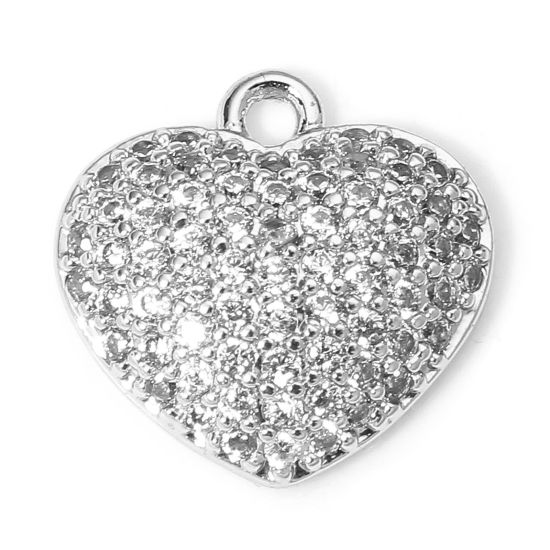 Image de 1 Pièce Breloques La Saint Valentin en Laiton Cœur Plaqué Platine Véritable Micro Pave à Zircone Cubique Clair 11mm x 11mm