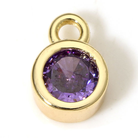 Immagine di 2 Pz Ecologico Ottone Pietre Nascita Charms Tondo 18K Vero Oro Placcato Febbraio Viola Cubic Zirconiae 8mm x 5.5mm