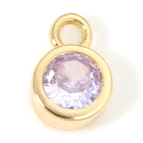 Immagine di 2 Pz Ecologico Ottone Pietre Nascita Charms Tondo 18K Vero Oro Placcato Giugno Viola Pallido Cubic Zirconiae 8mm x 5.5mm