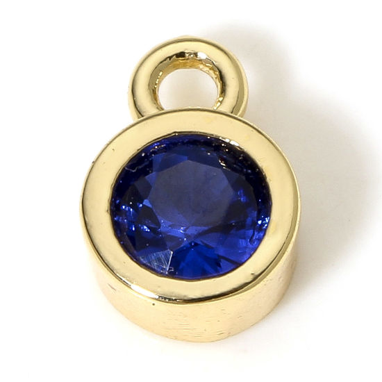 Immagine di 2 Pz Ecologico Ottone Pietre Nascita Charms Tondo 18K Vero Oro Placcato Settembre Blu Marino Cubic Zirconiae 8mm x 5.5mm