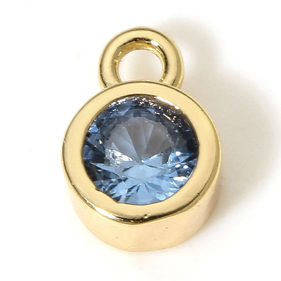 Immagine di 2 Pz Ecologico Ottone Pietre Nascita Charms Tondo 18K Vero Oro Placcato Dicembre Acqua Blu Cubic Zirconiae 8mm x 5.5mm