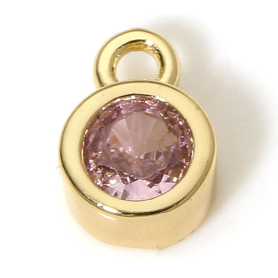 Immagine di 2 Pz Ecologico Ottone Pietre Nascita Charms Tondo 18K Vero Oro Placcato Ottobre Rosa Cubic Zirconiae 8mm x 5.5mm