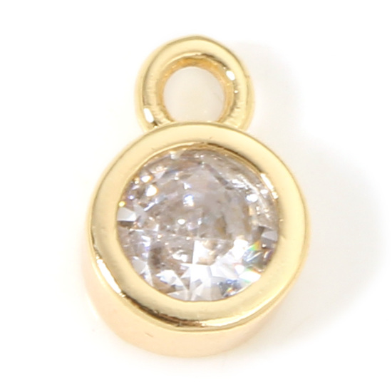 Immagine di 2 Pz Ecologico Ottone Pietre Nascita Charms Tondo 18K Vero Oro Placcato Aprile Trasparente Cubic Zirconiae 8mm x 5.5mm